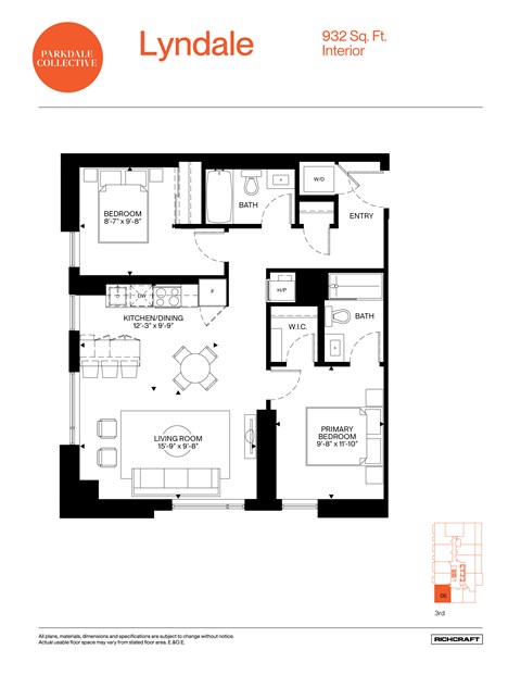A floor plan for an interior of a building at 932 Sq. Ft.