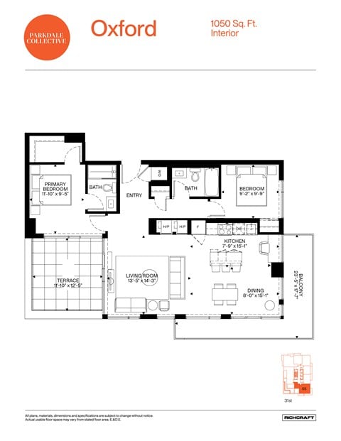 A floor plan for a 1050 square foot interior.