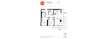 A floor plan for a Pinhey apartment shows a living room, a bedroom, a bathroom, and a kitchen.