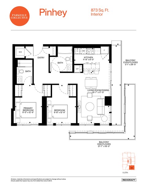 A floor plan for a Pinhey apartment shows a living room, a bedroom, a bathroom, and a kitchen.
