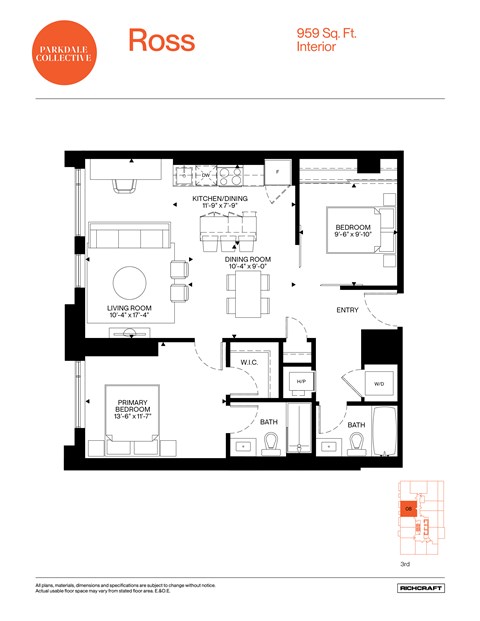 A floor plan for a residence at 959 Sq. Ft. Interior.