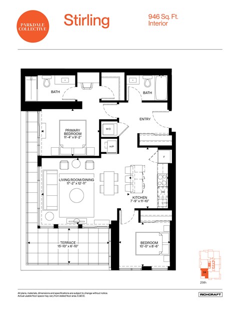 A floor plan for a Parkdale Collective apartment at 946 Sq. Ft.