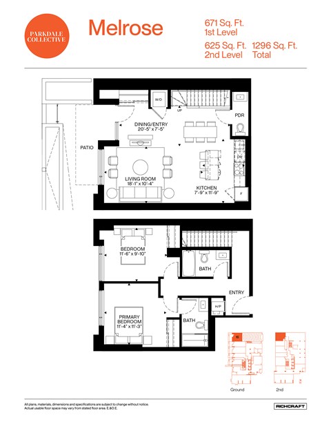 A floor plan for a Melrose apartment shows a living room, a dining/entertainment area, a kitchen, a bedroom, a bathroom, and a primary bathroom.