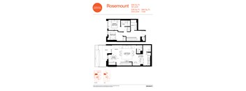 A floor plan for a Rosemount apartment shows a living room, two bathrooms, a kitchen, and a bedroom.