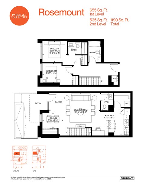 A floor plan for a Rosemount apartment shows a living room, two bathrooms, a kitchen, and a bedroom.