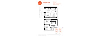 A floor plan for a Melrose apartment shows a living room, a dining/entertainment area, a kitchen, a bedroom, a bathroom, and a patio.