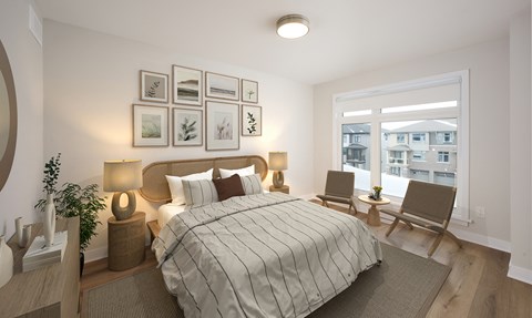 a bedroom with a large bed and a window