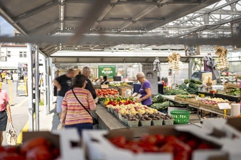 people shopping at a fruit and vegetable market