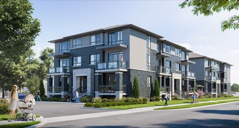 a rendering of a blue and white apartment building with people walking in front of it
