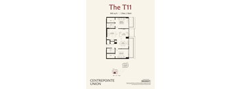 A floor plan for a 995 square foot apartment with two bedrooms, two bathrooms, and a living area.