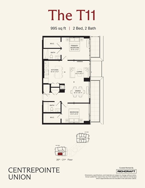 A floor plan for a 995 square foot apartment with two bedrooms, two bathrooms, and a living area.