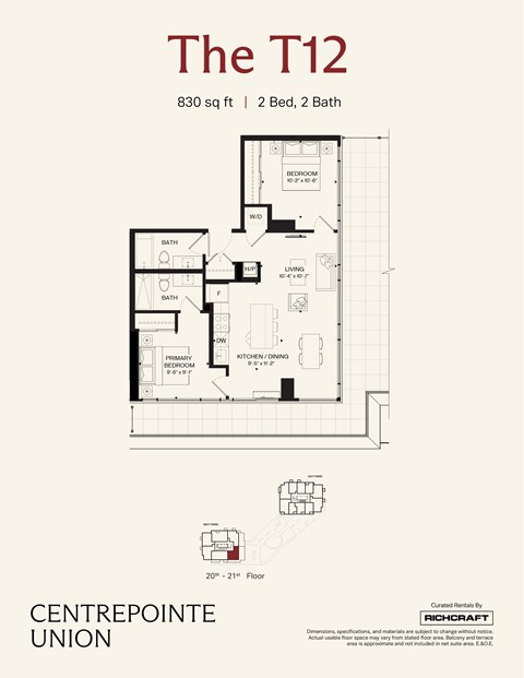 A floor plan for a 2 bedroom, 2 bath apartment sized at 830 square feet.