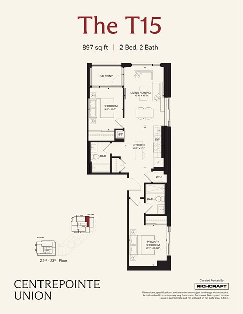 A floor plan for a 2 Bedroom, 2 Bathroom apartment at The T15.