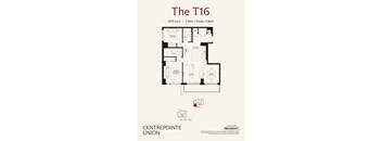 A floor plan for a 1035 square foot apartment with two bedrooms and two bathrooms.