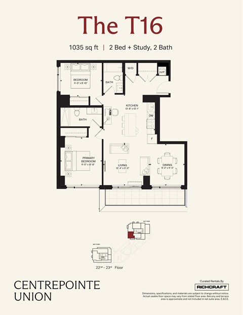 A floor plan for a 1035 square foot apartment with two bedrooms and two bathrooms.
