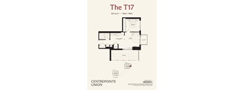 A floor plan for a 623 sq ft apartment with one bed and one bath.