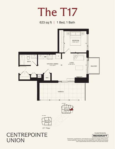 A floor plan for a 623 sq ft apartment with one bed and one bath.