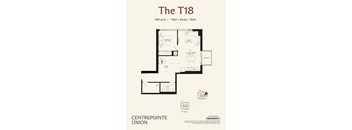 A floor plan for a 1 bedroom, 1 bathroom apartment.