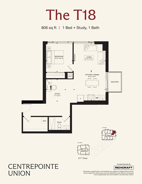 A floor plan for a 1 bedroom, 1 bathroom apartment.