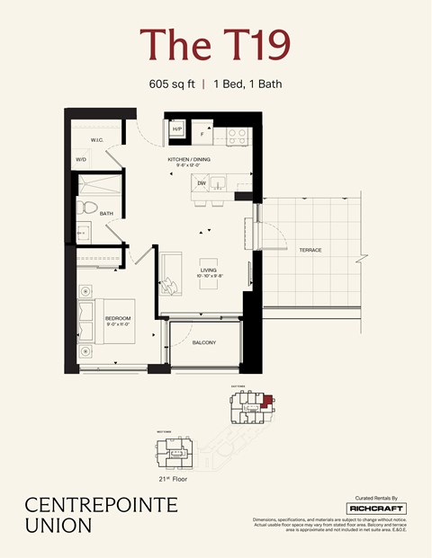 A floor plan for a 605 square foot apartment with one bed and one bath.