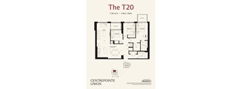 A floor plan for a 1199 sq ft apartment with 3 bedrooms and 2 bathrooms.