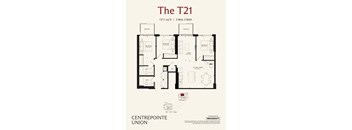 A floor plan for a 1211 sq ft apartment with 3 bedrooms and 2 bathrooms.