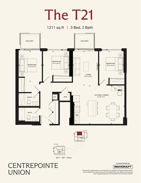 A floor plan for a 1211 sq ft apartment with 3 bedrooms and 2 bathrooms.