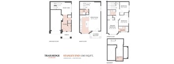 A floor plan for a 1585 square foot home with three bedrooms and four bathrooms.