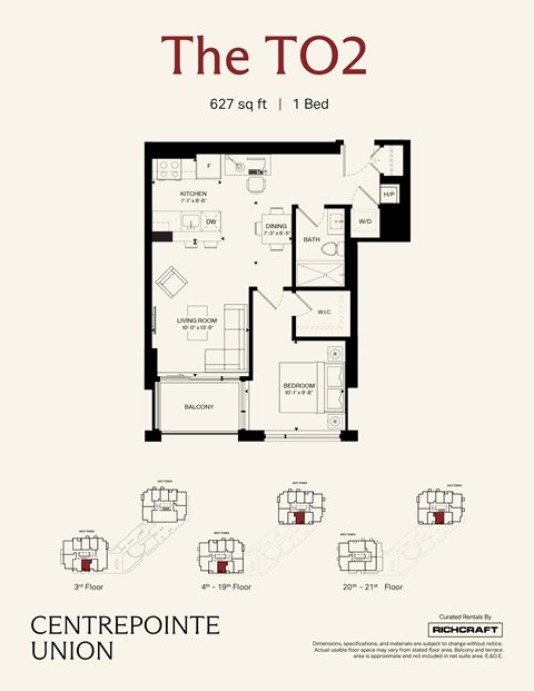 A floor plan for a 1 bedroom apartment sized at 627 square feet.