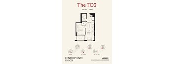 A floor plan for a 1 Bedroom apartment at Centrepointe Union.