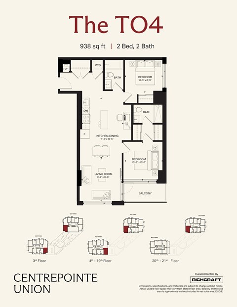 A floor plan for a 2 bedroom, 2 bath apartment sized at 938 square feet.