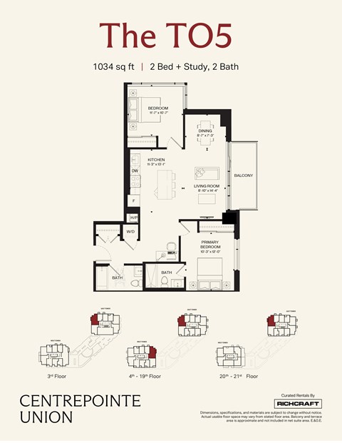 A floor plan for a 1034 sq ft home with 2 bedrooms and 2 bathrooms.