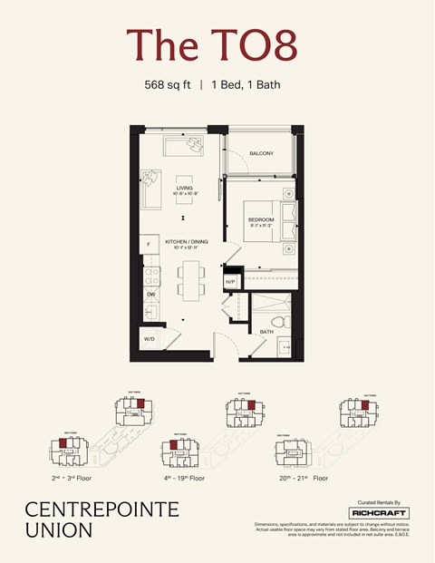 A floor plan for a 568 square foot home with one bedroom and one bath.