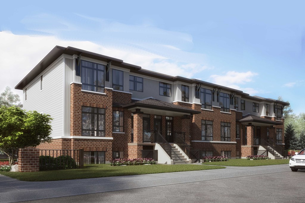 a rendering of a three story apartment building with brick and white siding