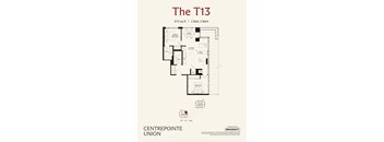 A floor plan for a 2 bedroom, 2 bathroom apartment sized at 913 square feet.