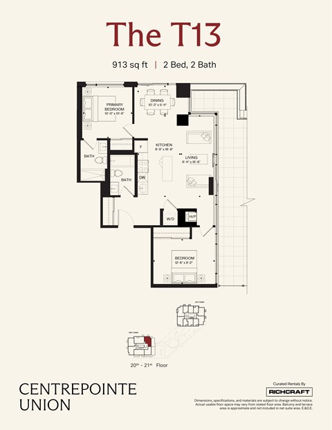 A floor plan for a 2 bedroom, 2 bathroom apartment sized at 913 square feet.