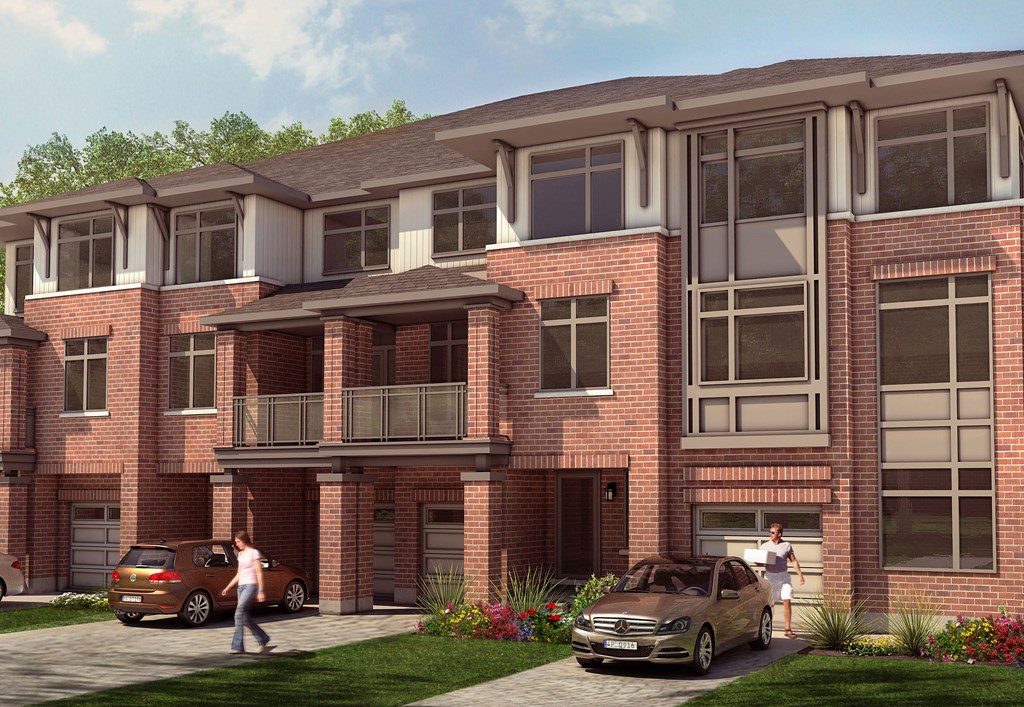 a rendering of a two story brick apartment building with cars parked outside
