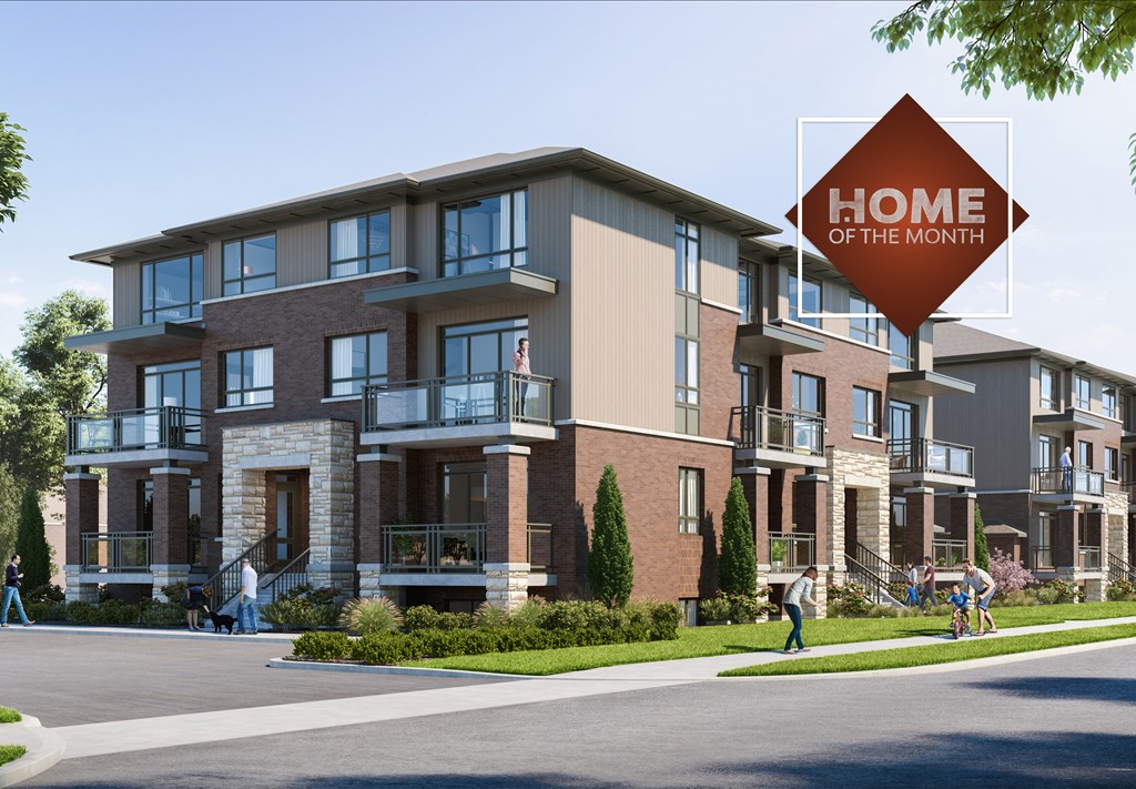 a rendering of a building with a home of the month sign in front of it