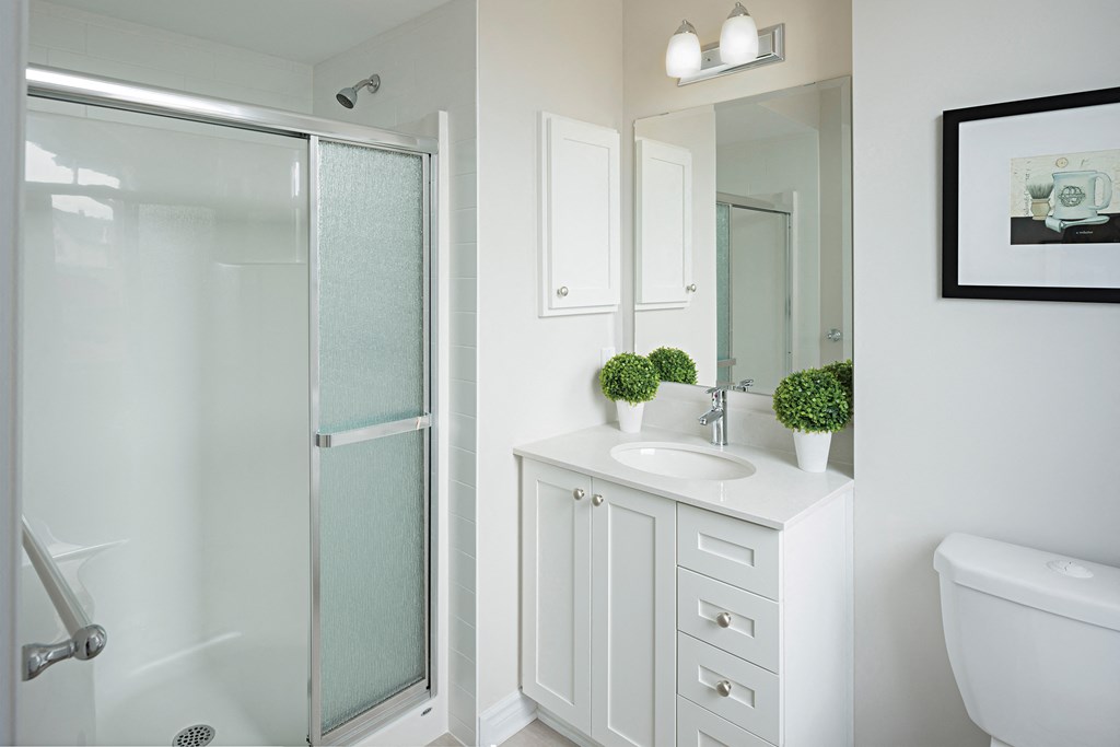 a white bathroom with a shower sink and toilet