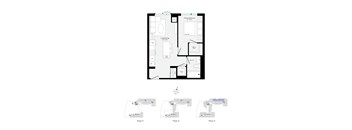 A floor plan of a house with a kitchen, living room, and bathrooms.