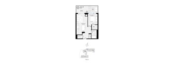A floor plan of a house with a kitchen, living room, and bathroom.