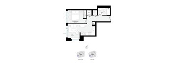A floor plan of a house with two bedrooms, a living room, a bathroom, and a kitchen.