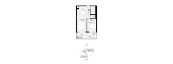 A floor plan of a house with labeled rooms and appliances.