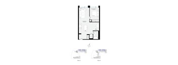 A floor plan of a house with a kitchen, living room, and bathrooms.