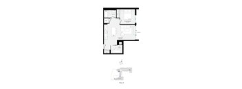 A floor plan of a house with a garage and a second floor with a bedroom and bathroom.