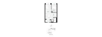 A floor plan of a house with a kitchen, living room, and bathroom.