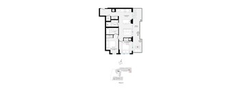 A floor plan of a building with rooms labeled, including a living room, kitchen, and bathrooms.