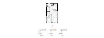 A floor plan of a building with three different views of the ground floor.