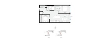 A floor plan of a house with a living room, dining room, kitchen, and two bathrooms.