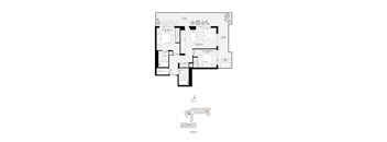 A floor plan of a house with a kitchen, living room, and dining area.